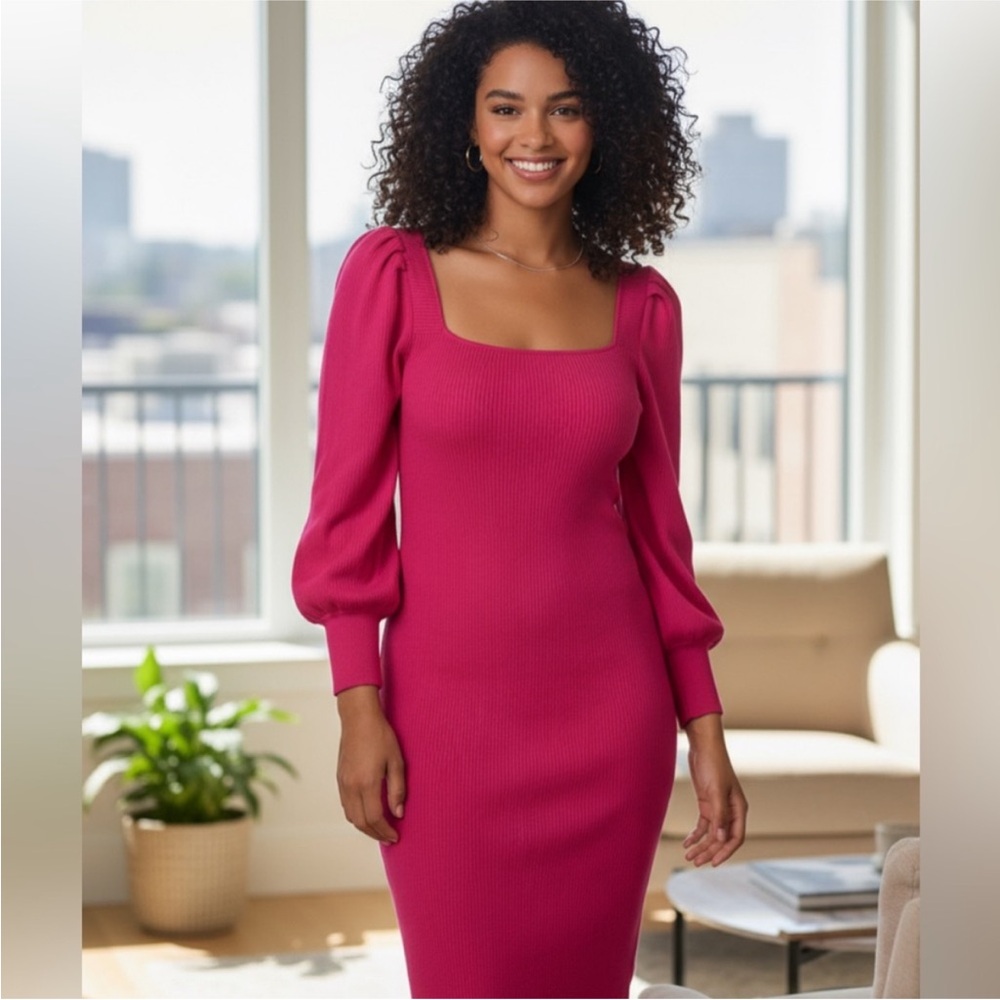 House of Harlow 1960 Bright Pink Midi Ribbed Knit Sweater Dress
